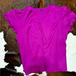 Purple/fuchsia v neck blouse, short sleeve ruffle